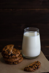 Delicious chocolate cookies, pieces of dark chocolate and a glass of milk on a textured background. Close-up.