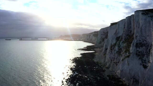 Aerial view of the White Cliffs of Dover which face towards continental Europe across the narrowest part of the English Channel. England, East Sussex. Between France and UK