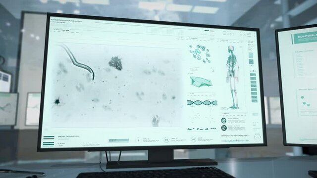 Innovative Microbiological Analysis Of Human Parasitic Helminth Worm Infection. Infectious Worm Movement In Parasitology Scientific Study. Microscopic Worm Study By Infectious Disease Medical Scanner