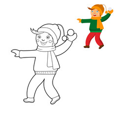 coloring book, cute cartoon kids playing snowballs. vector isolated on a white background