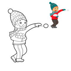 coloring book, cute cartoon kids playing snowballs. vector isolated on a white background