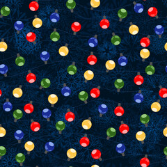 blue snowy repetitive background with christmas garland. color lanterns. vector seamless pattern. fabric swatch. wrapping paper. continuous print. design template for greeting card, invitation, banner