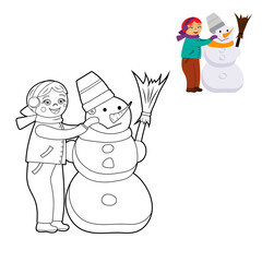 coloring book, cute cartoon kids, making a snowman. vector isolated on a white background