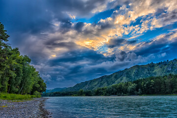 The Chuya and Katun Rivers merge in the mountains. Altai, Siberia, Russia.