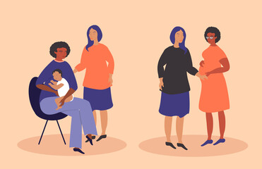 vector illustration on the theme of lgbt parents, lesbian parents. a couple of women holding a child and a woman hugs the belly of another pregnant woman. trend illustration in flat style - obrazy, fototapety, plakaty