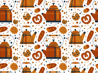 Watercolor pastry seamless pattern with illustration of bakery products in cartoon doodle style isolated on white background. Cute breakfast collection bread, cookie, pretzel, teapot, baguette