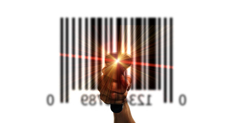Bar code. Retail label barcode scan. Reader laser scanner for warehouse holding hand. Product code data concept.