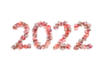 Multicolor Watercolor lettering 2022 number year written in blot elements on white background. Red, pink and brown color