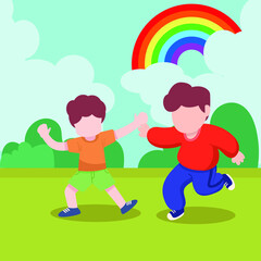 Children jumping with joy on a hill under rainbow. happy children's day. Vector colorful illustration