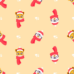 Seamless pattern of New Year's cute tiger cubs and penguins, the symbol of the new 2022. New Year's and Christmas. Vector illustration for postcard, banner, internet, decor, design, art, calendar.