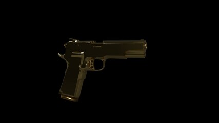 One-handed gold  pistol on a colorfully lit background and reflections of lights..3D illustration of a firearm