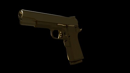 One-handed gold  pistol on a colorfully lit background and reflections of lights..3D illustration of a firearm