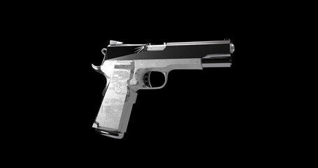 One-handed pistol on a colorfully lit background and reflections of lights..3D illustration of a firearm