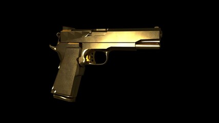 One-handed gold  pistol on a colorfully lit background and reflections of lights..3D illustration of a firearm