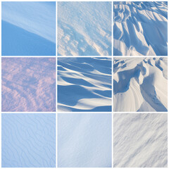 Set of snow textures. Collection of beautiful winter backgrounds with snowy ground. Natural textures of clean fresh flat snow and wind-sculpted patterns on the surface of the snow.