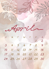 April month Calendar template for 2022 year. Watercolor pink splash and leaf. Week Starts Sunday