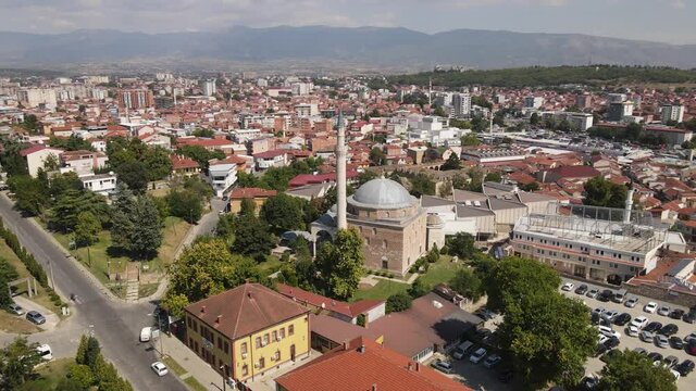 Aerial View of Mustafa Pasha Mosque, Skopje, North Macedonia. Muslim Landmark in Residential Neighborhood, Drone Shot