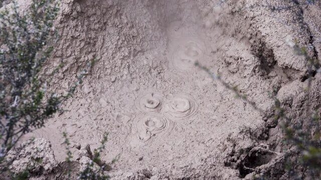 Closeup shot of hot boiling mud pool or mudpot during daytime -  Acidic hot spring, or fumarole, with limited water -  Acid and microorganisms decompose surrounding rock into clay and mud.