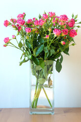 Spring blue background with a bouquet of pink roses in a vase. Postcard for Mother's Day, Women's Day, St. Valentine, March 8