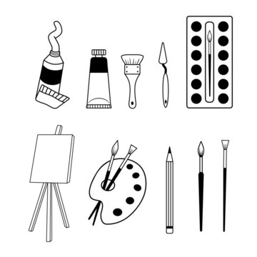 Collection of artist supplies. Set of different art tools paint brushe, easel, palette knife, pencil. Painter accessories. Vector outline illustration isolated on white background.