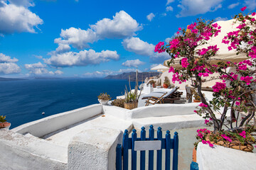 Beautiful Oia town on Santorini island, Greece. Traditional white architecture and pink flowers...
