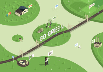 Isometric ecology illustration. Sustainable development, green energy, environmental protection.