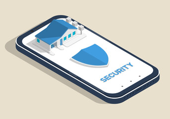 Home security system. Isometric smartphone with house and shield.