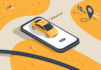 Isometric smartphone with taxi service application.