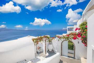Amazing Santorini landscape with white architecture and sea view. Sunny summer travel background,...
