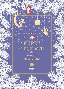 Christmas pastel blue vertical banner template for winter season holidays with snowy conifer branches and paper cutting hanging angels decoration. Xmas greeting card