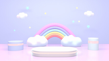 3d rendered product display podium and rainbow clouds.