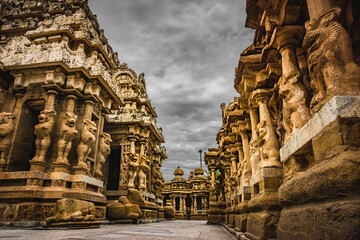 Beautiful Pallava architecture and exclusive sculptures at The Kanchipuram Kailasanathar temple,...