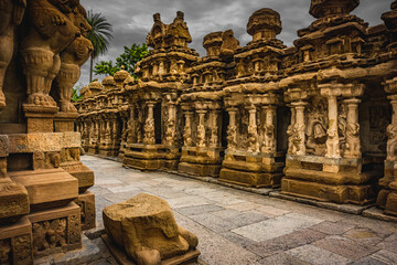 Beautiful Pallava architecture and exclusive sculptures at The Kanchipuram Kailasanathar temple,...