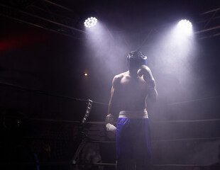 Man on the boxing ring under two lights