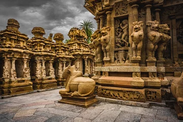 Cercles muraux Lieu de culte Belle architecture Pallava et sculptures exclusives au temple Kanchipuram Kailasanathar, le plus ancien temple hindou de Kanchipuram, Tamil Nadu - L& 39 un des meilleurs sites archéologiques du sud de l& 39 Inde