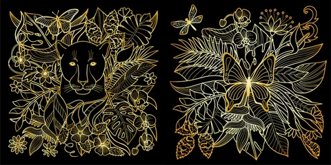 Foto op Plexiglas Butterfly and panther tropical prints set © kronalux