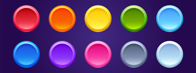 Colored round web buttons isolated on background. Vector set of empty bright circle tags, 3d badges for website, game or mobile app. Blank Internet push buttons - obrazy, fototapety, plakaty