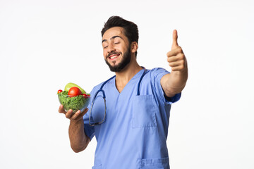 doctor nutritionist vegetables healthy food calories isolated background