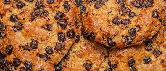 Chocolate cookies as a background. Brown Chocolate chip cookies top view
