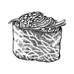 Gunkan maki with seaweed and sesame seeds. Hand drawn sushi roll vector illustration.