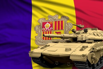 Andorra modern tank with not real design on the flag background - tank army forces concept, military 3D Illustration