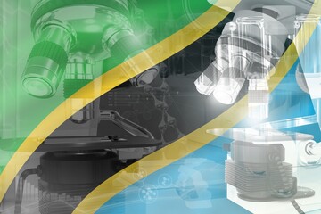 Microscope on Tanzania flag - science development conceptual background. Research in biotechnology or pharmaceutical industry, 3D illustration of object