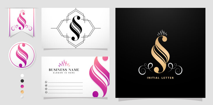 Illustration Of SS Initial Letter And Graphic Name, SS Logo For Wedding Couple Monogram, Logo Company And Business Name Card, With Black White Color, Gold And Gradient Purple Color Isolated Background