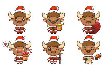 cute bison set, animal character bundles in santa costumes, animals wearing christmas costumes. cartoon in kawaii style