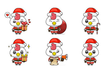 cute chicken set, animal character bundles in santa costumes, animals wearing christmas costumes. cartoon in kawaii style