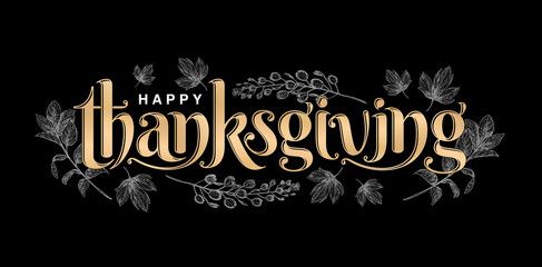 illustration of Happy THANKSGIVING lettering fonts golden color with isolated black background, happy thanksgiving illustration with floral pattern, for greeting cards, invitation, sign and banners.