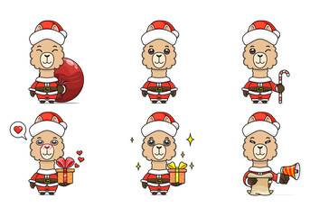 cute llama or alpaca set, animal character bundles in santa costumes, animals wearing christmas costumes. cartoon in kawaii style
