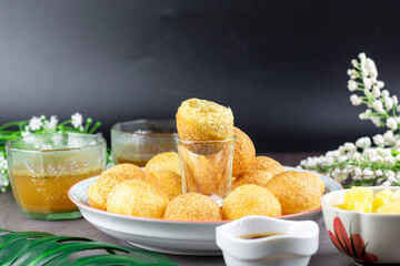 Indian traditional snack. Pani puri with boiled potato and sauce.