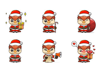 cute owl set, animal character bundles in santa costumes, animals wearing christmas costumes. cartoon in kawaii style