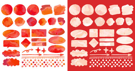 手描き風水彩 レッド ホワイト 紅白 グラデーション飾りセット（サンプルテキストなし）